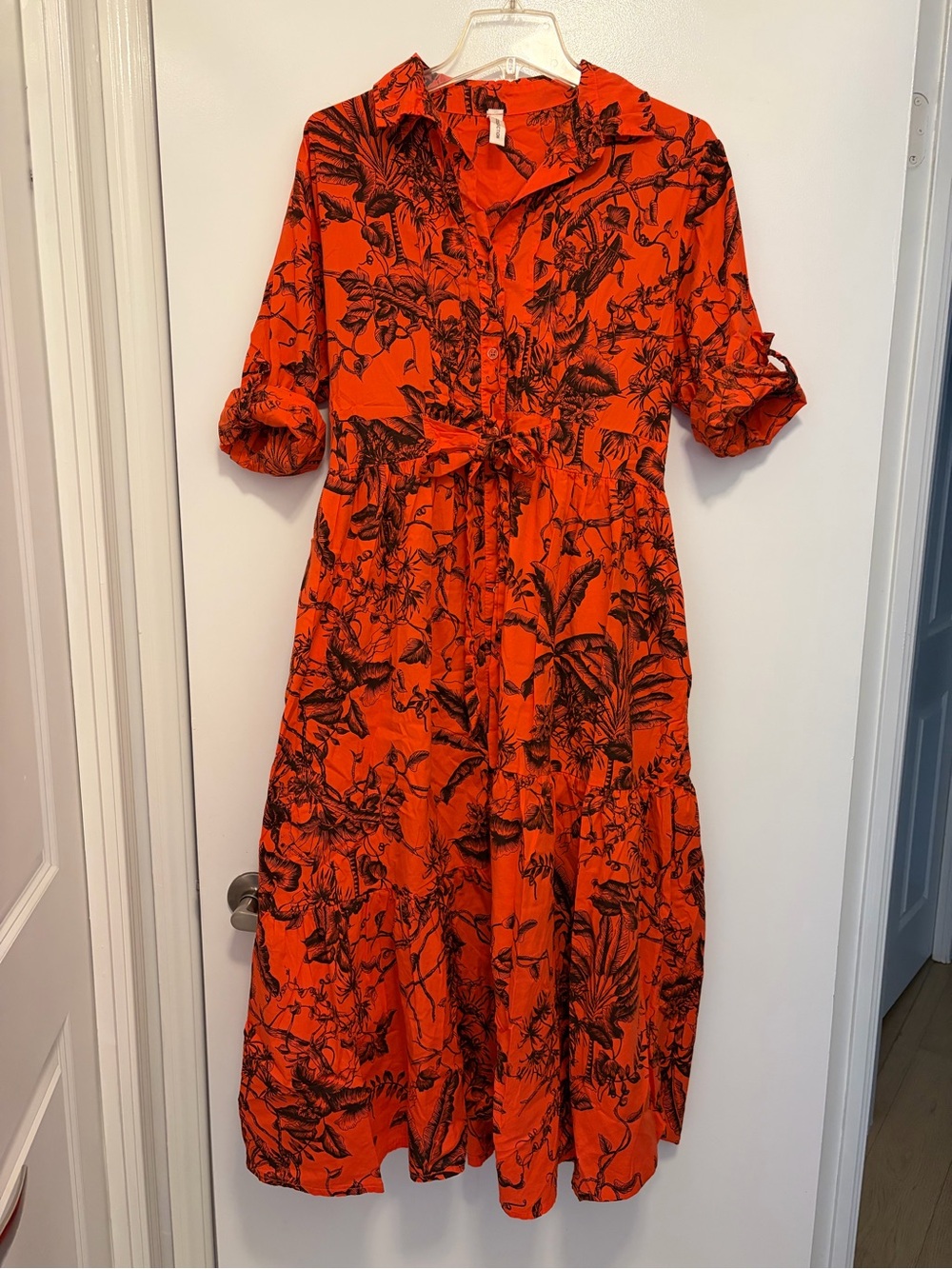 Bold Orange Floral Shirt Dress with Tie Waist and tropical print